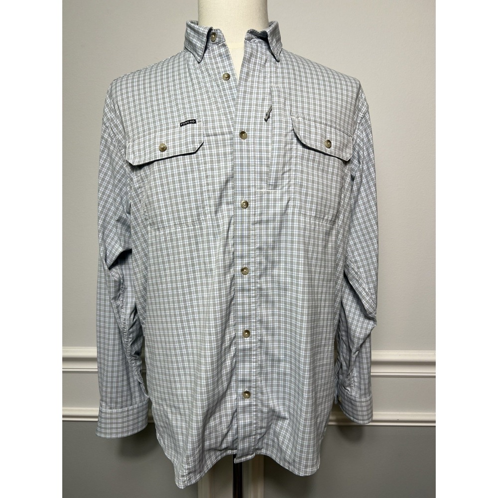 Poncho Button Down Long Sleeve Plaid Shirt (M) Magnetic Pocket Outdoor Stretch